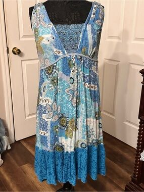 Forbidden Y2K Boho Blue Floral Beaded Rayon Midi Dress Size L Tie Back
